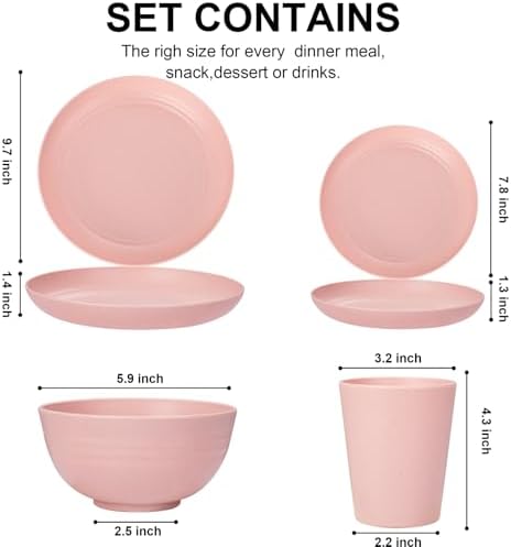Rubtlamp 16Pcs Plastic Wheat Straw Dinnerware Set, Reusable Plastic Plate Set for 4, Kitchen Plates And Bowls Set (Pink) Include Dinner Platos, Dessert Platos, Cereal Bowls, Cups for Daily, Camping
