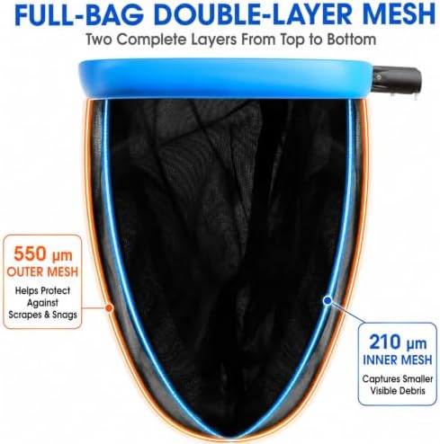 TidyMister Upgraded Full Double Layer Pool Net Rake,17.5'' - Outer Heavy Duty Self-Repair Net & Inner Fine Mesh Net for Particle Debris, Above Ground & In-ground Swimming Pools, No Poles