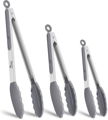 HOTEC Premium Stainless Steel Locking Kitchen Tongs with Silicon Tips, Set of 3-7", 9" and 12" (Grey)