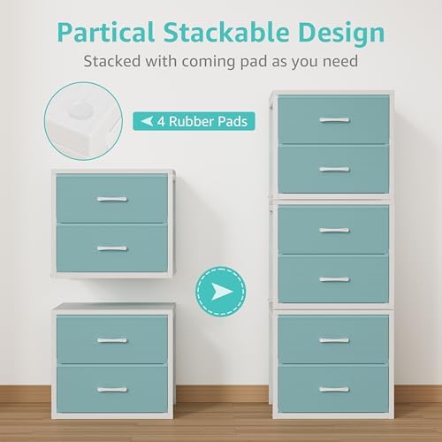 BOLUO Stackable Storage Drawers Closet Organizers and Storage Fabric Blue 2 Drawer Dresser for Bedroom 2 Packs Modern