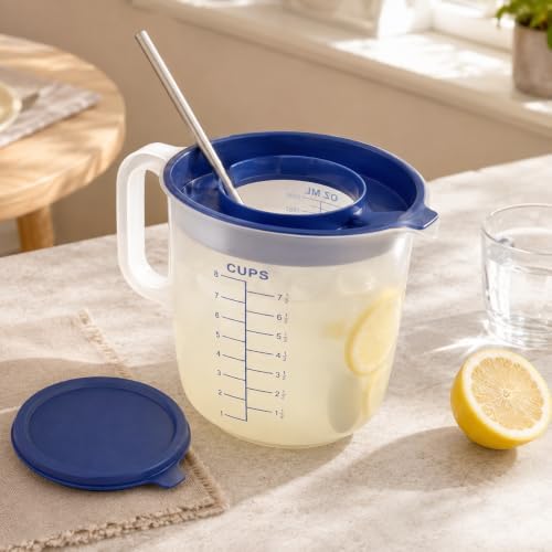 8 Cup Measuring Cup with Splash Guard Lid, BPA-Free Plastic Mixing Bowl for Baking, Pancakes & Meal Prep, Clear Accurate Measurement Marks