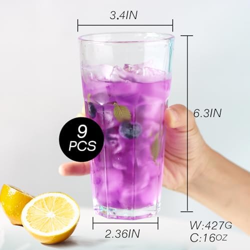 Etolies Highball Drinking Glasses Set of 9, Water Glasses 16 oz,Iced Tea Glasses for Water, Juice, Cocktails,Milkshake,Coke,Soda,Beverages. Heavy Base Tumbler,Kitchen and Bar Glassware