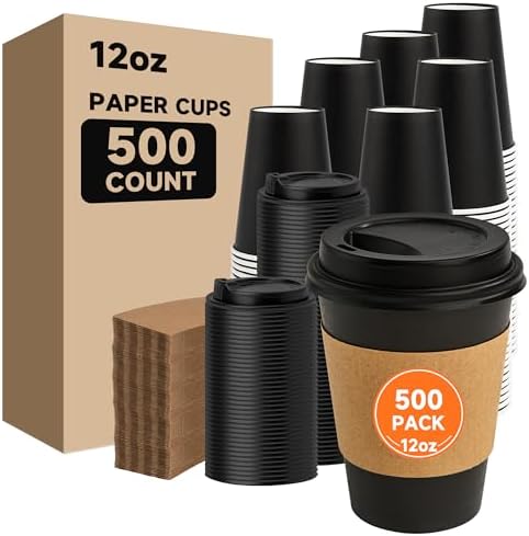 METAPRINT 500 Pack 12 oz Disposable Coffee Cups with Lids and Sleeves,Black