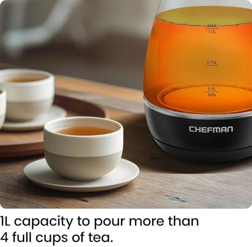 Chefman Electric Kettle with Tea Infuser, Compact 1L (4 Cups), 1500W, Removable Lid for Easy Cleaning, Boil-Dry Protection, Stainless Steel Filter, BPA Free, Auto Shut Off, Small Electric Tea Kettle