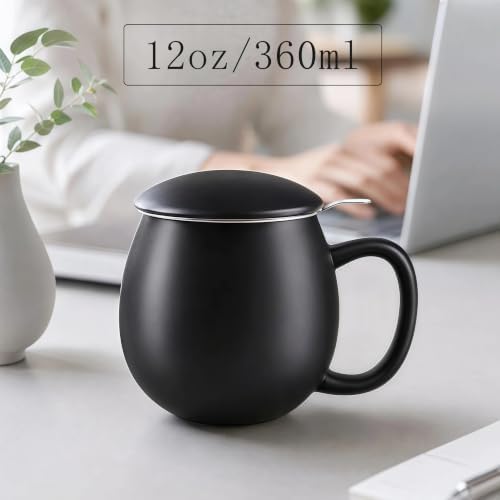 Yundu 12 OZ Matte Black Ceramics Teacup with Infuser and Lid, Mug with Lid for Steeping - Stainless Steel Infuser for Loose Leaf Tea, Home Office Gift for Tea Lovers