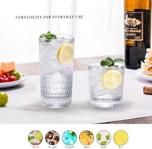 15oz and 22oz Clear Acrylic Glasses Drinkware (Set of 8), Honeycomb Stackable Shatter-Proof Plastic Tumblers, Reusable Plastic Drinking Glasses, BPA-Free, Dishwasher-Safe