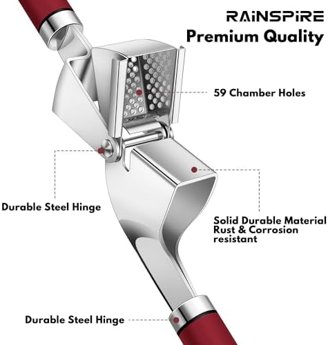 Rainspire Premium Garlic Press Stainless Steel, Garlic Mincer Tool, Garlic Crusher Tool, Garlic Smasher Garlic Masher Includes Silicone Garlic Peeler & Cleaning Brush, Dishwasher Safe (Red)