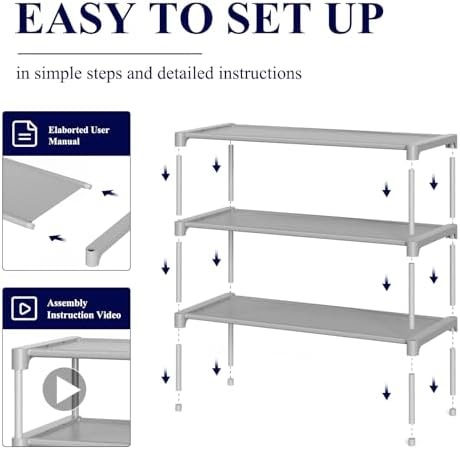 Kitsure Shoe Rack - Non-Woven Shoe Rack Shelf, Shoe Organizer for Closet, Entryway, Garage & Corridor, Stackable Shoe Shelves, 27.5" Wide - 3 Tier, Grey