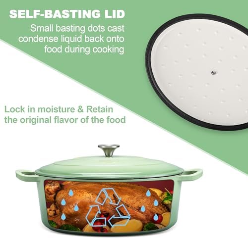 E-far 5QT Oval Dutch Oven Pot with Lid, Green Enameled Cast Iron Dutch Oven
