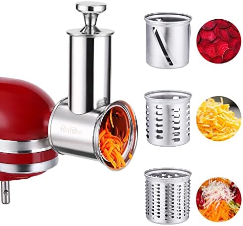 RAFBAR Slicer Shredder Attachment for KitchenAid Stand Mixer | 75mm Wider Blade Cheese Grater Attachment for KitchenAid, 60mm Large Feed Chute, 3 Drum Blades, Salad Maker, Dishwasher Safe