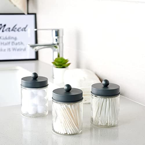 Amolliar Glass Apothecary Jar Qtip Holder Metal Lids 4pc/Grey