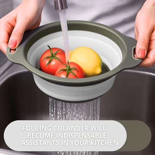 Round Silicone White Colander Collapsible – Foldable White Kitchen Strainer Small Collapsible Colander with Plastic Handles for Draining Vegetable and Fruit Silicone Kitchen Strainer for Pasta