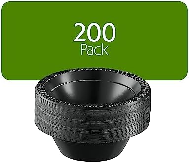 PLASTICPRO 200 PCS Black Plastic Bowls Light Weight 12 oz Plastic Soup Bowls Black Salad Plates Disposable for Party and Wedding