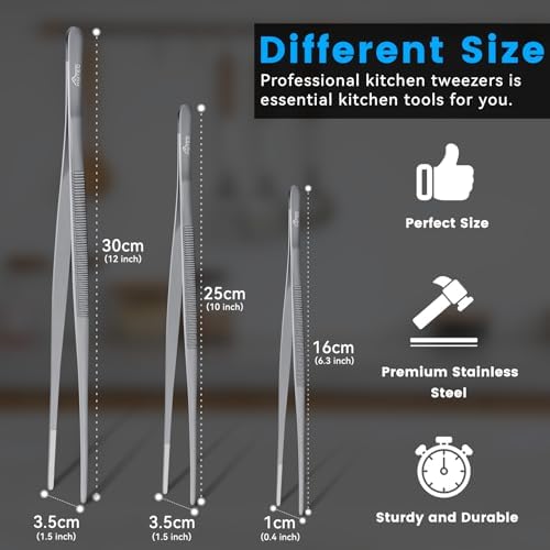 HOTEC Kitchen Tweezers Stainless Steel Cooking Tweezers 3 Pcs-6.3",10", 12"
