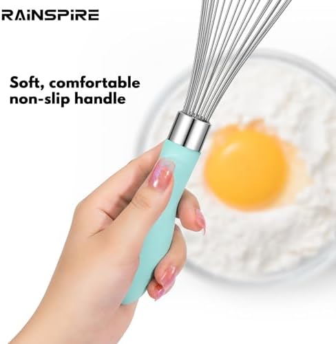Rainspire 9" 10" 12" Wire Whisk Stainless Steel, Balloon Whisks for Cooking, Wisk Wisking Tool With Soft Silicone Handle, Thick Durable Whisker for Blending, Beating, Whisking, Stirring, Mint Green