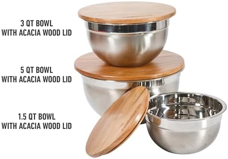 Calphalon Orbit Mixing Bowl Set, 3-Piece Stainless Steel Mixing Bowls(1.5 Qt, 3 Qt, 5 Qt) with Acacia Wood Lids & Non-Slip Base, Kitchen Prep Bowls for Mixing, Serving & Food Storage