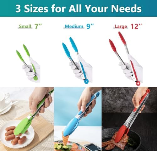 7/9/12 Inch Kitchen Tongs Set of 3, Cooking Tongs with Silicone Tips