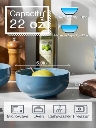 DOWAN 22 OZ Ceramic Soup Bowls & Cereal Bowls - 6" Classic Bowls Set of 4 for Soup, Cereal, Oatmeal, Fruit, Rice - Dishwasher & Microwave Safe (Airy Blue)