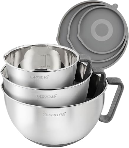 Rorence Stainless Steel Mixing Bowls Set with Lids,1.5,3 & 5 Qt,Gray