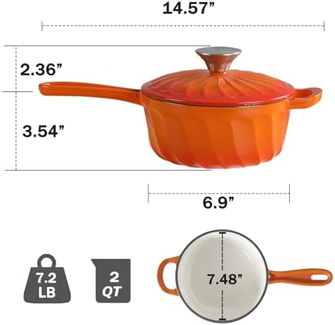 Enameled Cast Iron Sauce Pan with Lid, 2 Quart Saucepan with Lid