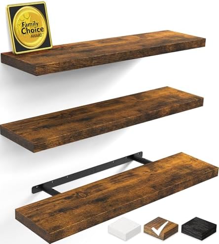 BAYKA Rustic Brown Floating Shelves 35.4in, Set of 3, Wall Mount Wood Shelf