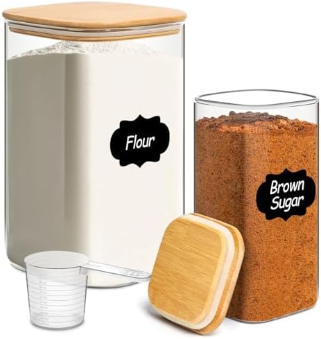 Glass Flour Containers with Bamboo Lids 1.6/4.6 Qt 2 Pack