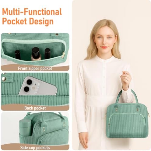 Lunch Bag Large Insulated Lunch Box for Women Adult Cute Pink Strawberry Lunchbox Corduroy Lunch Bags Boxes Pail with Shoulder Strap for Work (Light green)
