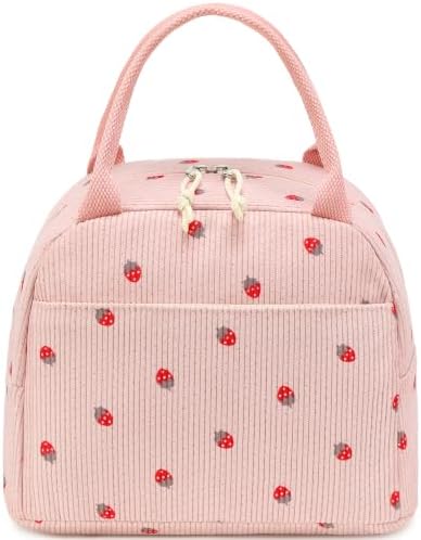 Bluboon Lunch Box for Women Cute Lunch Bag Reusable Insulated Lunch Bags Large Capacity Lunchbox Cooler for Work Picnic or Travel Gifts (Cute Pink Strawberry Black Dots, 10 x 7.5 x 8 inches)