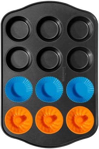 Nonstick Muffin Pan with 12 Silicone Baking Cups, Carbon Steel Muffin Tin for Muffins, Cupcakes, Egg Bites and more, Non Toxic, Easy to Clean, Dishwasher Safe, Foggy Gray