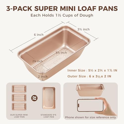 HONGBAKE 3 Pack Nonstick Mini Loaf Pans, 6 x 3.3 x 2 Inch Small Bread Pans for Homemade Bread, Tiny Banana Baking Tins with Diamond Texture, Non-toxic Mini Meatloaf Pans Set, Champagne Gold
