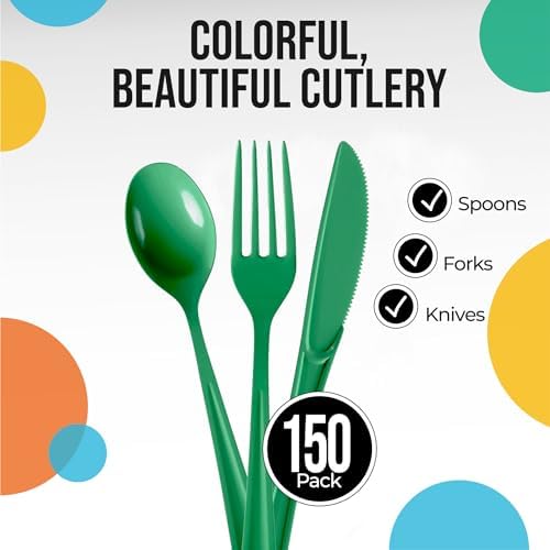 Party Solids Emerald Green Plastic Silverware 150 Pcs Cutlery Set