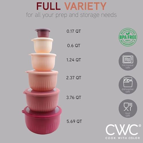 COOK WITH COLOR Prep Bowls with Lids- Wide and Deep Nesting Plastic Small Mixing Bowl Set with Lids, 12 Piece Set - Deep Bowls, Rose
