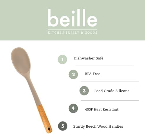 Beille 1pc Beech Wood and Silicone Cooking Spoon Kitchen Utensils Baking Supplies Home Essentials, Light Grey