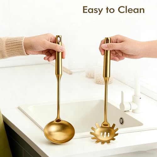 Gold Soup Ladle & Spaghetti Spoon Set, 18/10 Stainless Steel