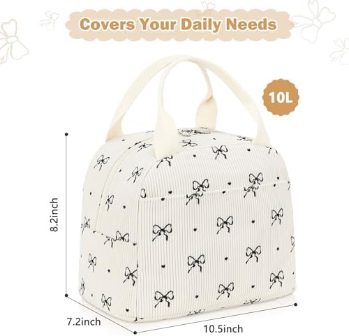 EurCross Cute Bow Tie Lunch Bag for Girls, Ivory Corduroy Insulated Lunch Bag for Two-Meal Space Perfect for School Days, Commuting, fits Bento Boxes, Round Containers, Designer Lunchboxes