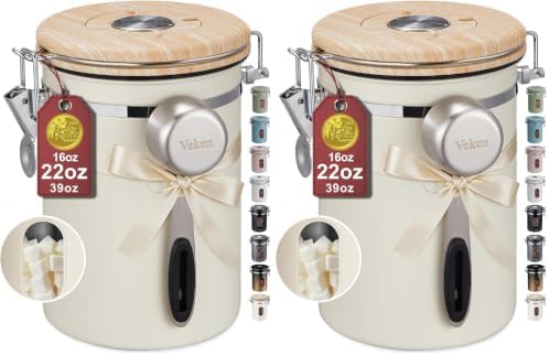 Veken Coffee Canister with Window, Airtight Stainless Steel Container, Gifts For Women, Kitchen Food Storage for Beans,Ground,Espresso,Rice,Tea, Sugar, Cereal, Lids,Jars, Scoop, Cream,22OZ (Pack of 2)