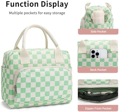 Lunch Bag Women Lunch Box for Women Adult Cute Insulated Lunch Bag Lager Cooler Lunch Tote Bags for Work Picnic (Beige-Light Green Plaid)