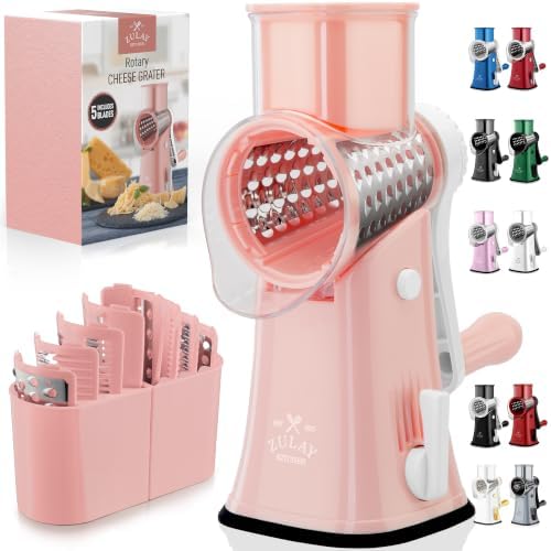 Rotary Cheese Grater Manual Hand Crank 5 Blade Shredder, Peach & White