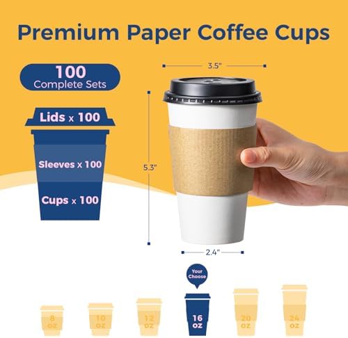 Fit Meal Prep 16 oz 100 Pack To Go Coffee Cups with Lids and Sleeves