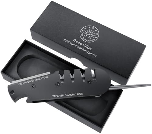 Off-Grid Knives - QuadEdge Knife Sharpener with 4 Angles: 17° | 20° | 25° | 30°, Diamond Rod, Fishing Hook Sharpener, Ceramic Honing Stone – Camping, Fishing, Hunting, Boating (Black)