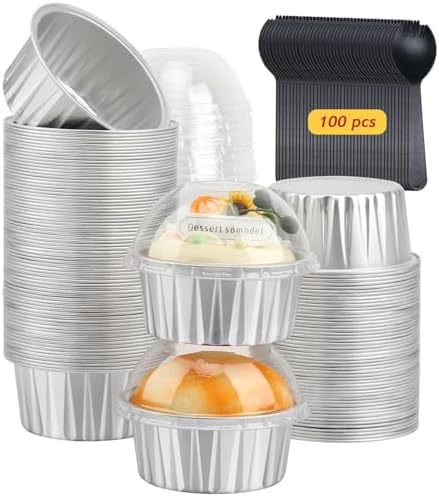 LNYZQUS 5oz Cupcake Tins with Dome Lids 100 Pack, Foil Dot Cake Cups
