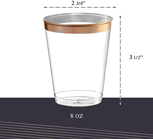 PLASTICPRO Disposable 8 oz Crystal Clear Plastic Tumblers With Rose Gold Rim for Party's & Weddings pack of 50