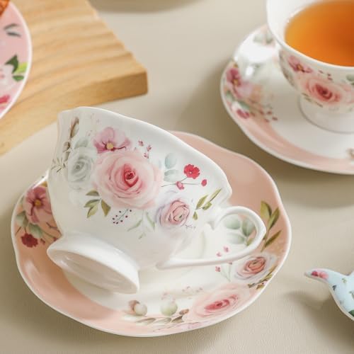 6oz Floral Porcelain Tea Cup & Saucer Set of 6, Pink Rose, Party