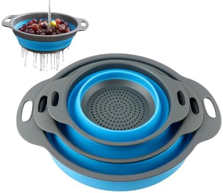 Collapsible Colander Set, 3 Pack Silicone Kitchen Strainer Set, Space Saving Design, Small Round Colander Baskets for Draining Pasta, Vegetable and fruit, (2Qt+3Qt+5Qt)