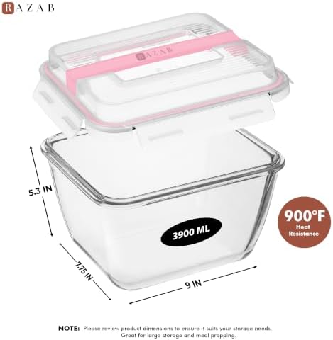 Razab 17 Cups / 132 Oz / 3900ml Large Glass Food Storage Containers with Lids - Leakproof, BPA-Free Large Meal Prep Container Ideal for Roasting Turkey, Store Leftover - Microwave & Oven Safe