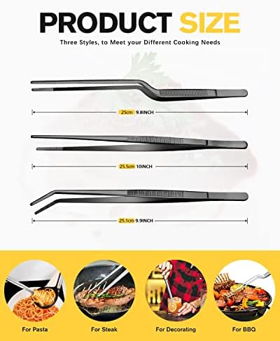 BUNDLEPRO Kitchen Tweezers Tongs with Precision Serrated Tips, 3 Pcs, 10''