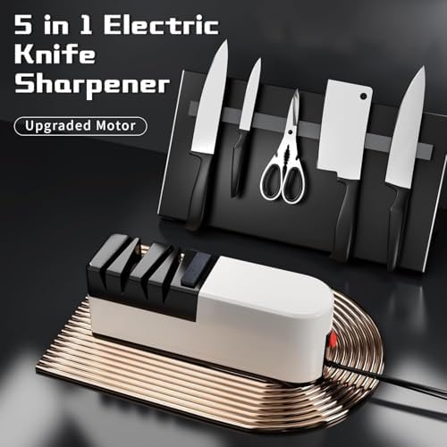 Electric knife sharpener, 5 in 1 knife sharpening system with straight blade, professional diamond knife sharpener FOR rough sharpening, repair and sharpening of knives (Light White)