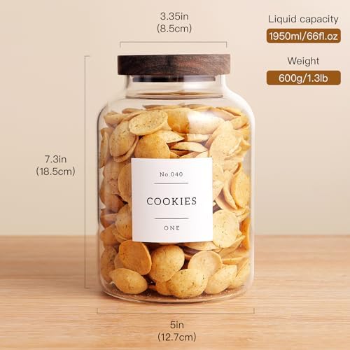 CZHQSMZ Set Of 2 Large Glass Jar with Wooden Lid with 132 Labels, Glass Storage Jars for Flour Pasta Candy Coffee Cookie and More(70 FL OZ/2000 ml)