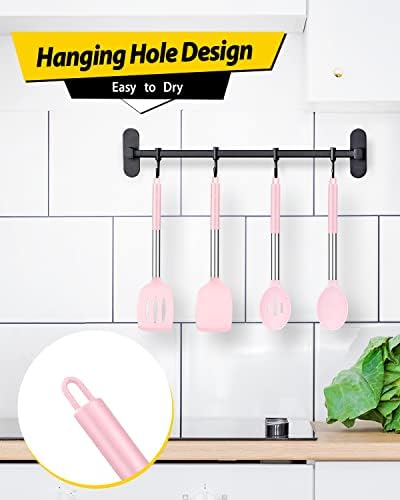 Pack of 4 Silicone Cooking Utensils Set, Non Stick Large Solid Spatulas, Heat Resistant Pink Slotted Spoons, Ideal BPA Free Kitchen Turners for Frying, Mixing,Serving,Draining,Turning,Stirring