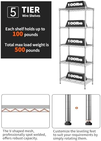 SINGAYE 5 Metal Shelves Wire Shelving Storage Shelf Adjustable Unit Pantry